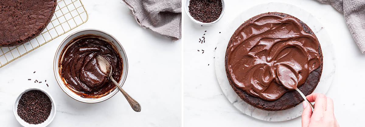 Photo of chocolate ganache in a bowl, and a photo of ganache being spread onto the top of a chocolate Protein Cake.