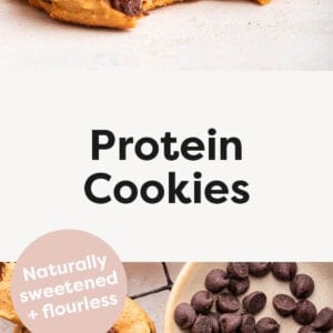 Photo of a chocolate chip Protein Cookie with a bite taken out of it. And a photo below of cookies on a wire rack with a bowl of chocolate chips next to them.