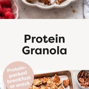 Protein Granola in a bowl with milk pouring over it. Another photo of Protein Granola on a cookie sheet.