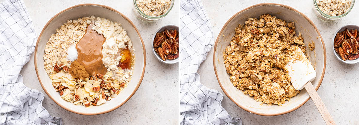 Side by side photos of a bowl with the ingredients to make protein granola, before and after being mixed.