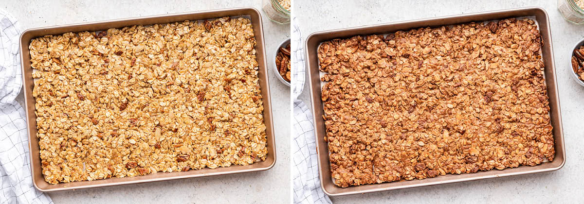 Side by side photos of Protein Granola on a cookie sheet, before and after baking.