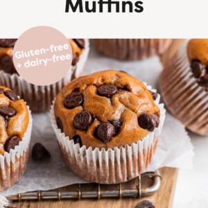 Chocolate chip protein muffin in a paper liner.