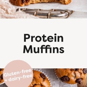 Chocolate chip protein muffin with a bite taken out of it. Photo below is of the muffins on parchment paper.
