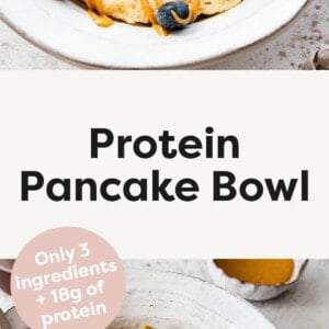 Two photos of a Protein Pancake Bowl topped with berries and nut butter. Second photo shows a bite taken from the pancake.
