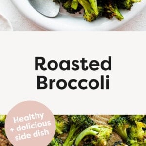 Roasted Broccoli on a serving plate with a spoon, and on a roasting pan.