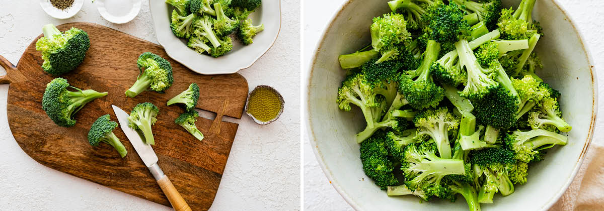 Photo of broccoli cut into pieces, and photo of broccoli in a bowl tossed with oil and seasoning.