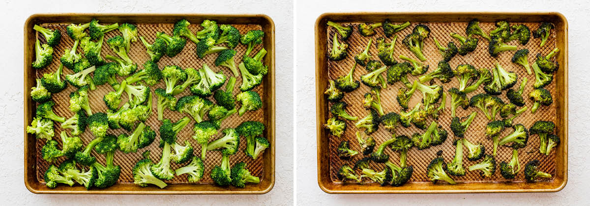 Side by side photos of broccoli on a sheet pan, before and after being roasted.