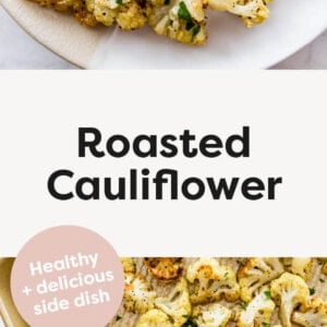 Roasted Cauliflower on a plate and on a sheet pan.