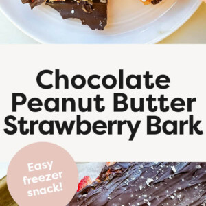 Woman's hand holding a piece of Chocolate Peanut Butter Strawberry Bark from a plate, and a photo below showing the bark on a cookie sheet before being cut.