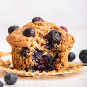 A blueberry protein muffin with a bite taken from it.