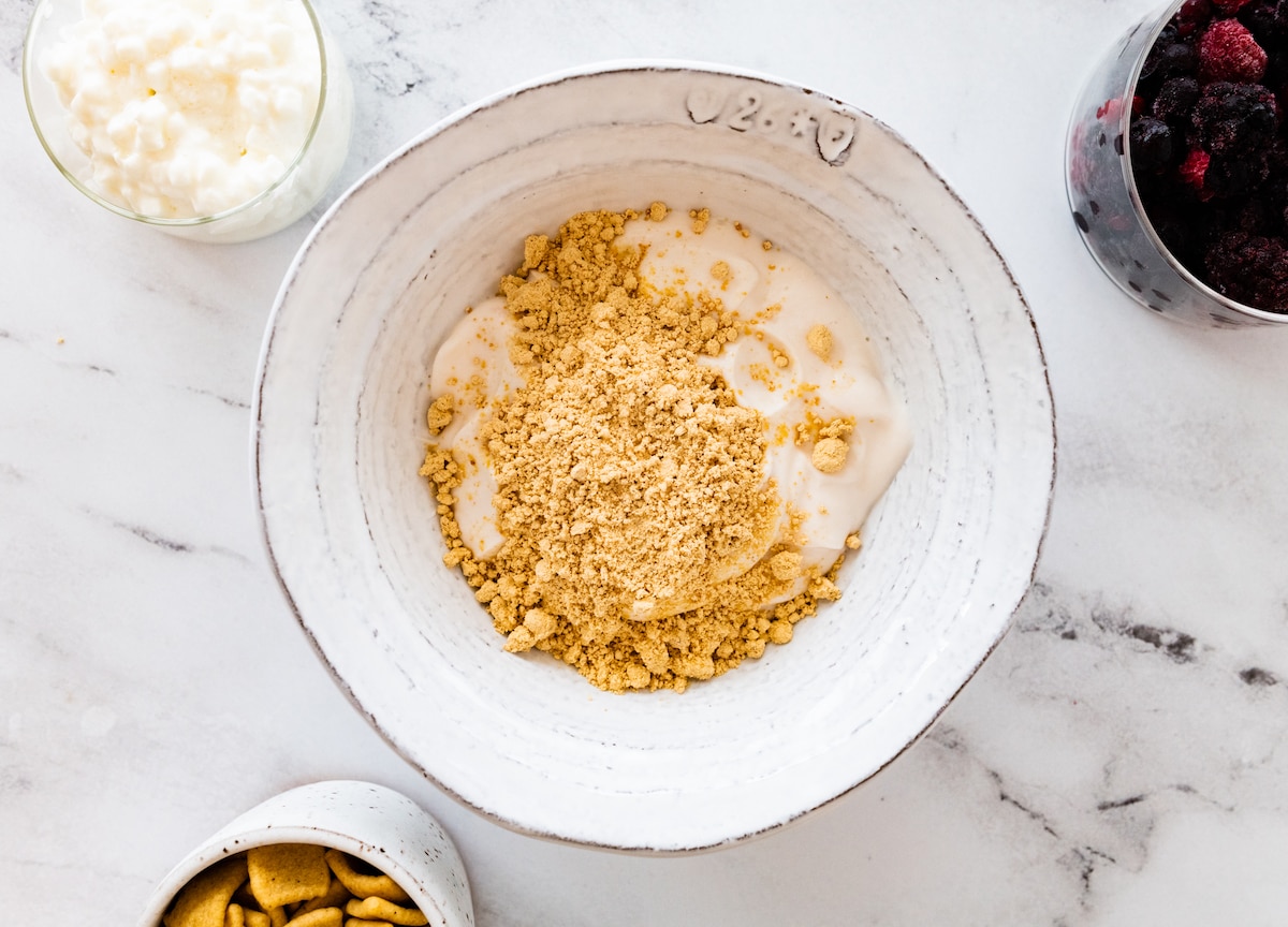 Powdered peanut butter in a bowl of yogurt.