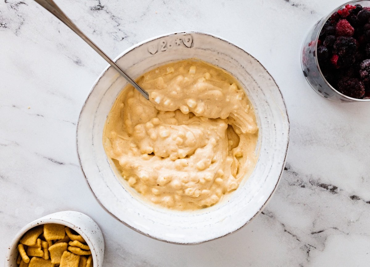 Protein peanut butter yogurt in a bowl.