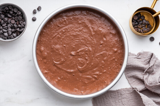 Batter for a protein cake in a cake pan before being baked.