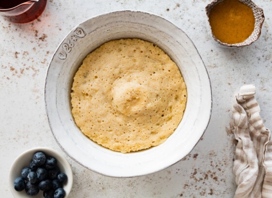 A protein pancake cooked in a bowl.