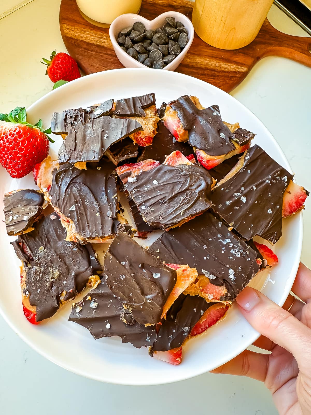 Chocolate strawberry bark on a pink plate held by a woman's hand.