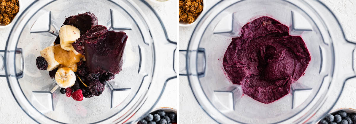 Side by side photos of the ingredients to make an Acai Bowl in a blender, before and after being blended.