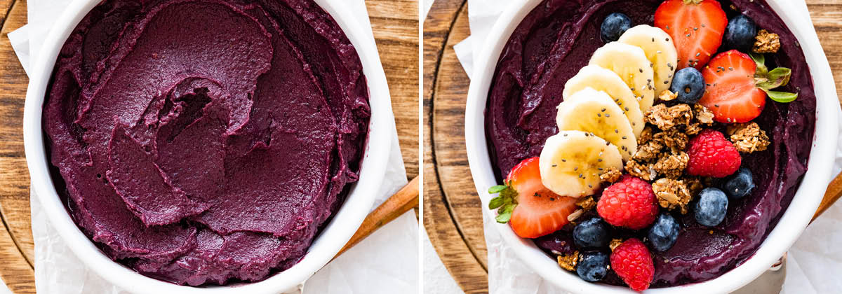 Photo of an Acai Bowl without toppings, and a photo with fruit, granola and seeds added to the top.