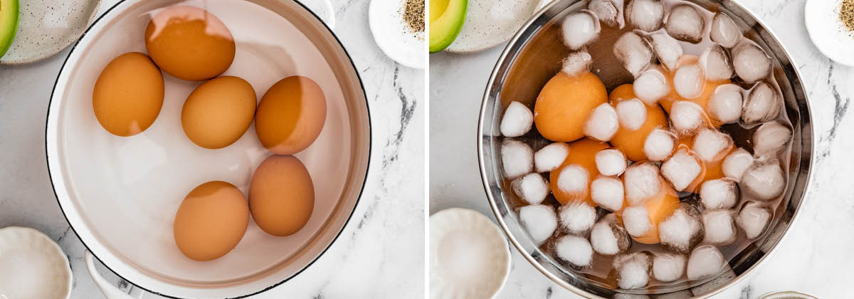 Side by side photos of eggs being hard boiled and added to an ice bath.