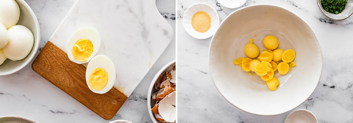 Photo of a hard boiled egg cut in half, and a photo of the cooked egg yolks in a bowl.
