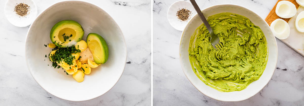 Photo of egg yolks, avocado and seasonings in a bowl. Photo beside is is of the ingredients mashed together.