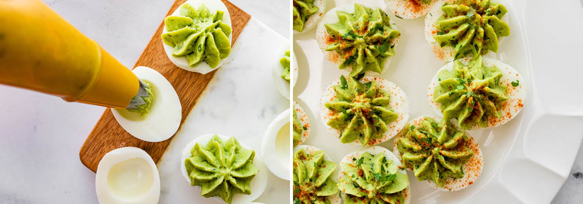 Photo of deviled eggs being filled with the avocado mixture and topped with paprika.