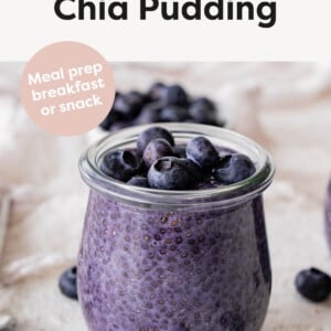 Jar of Blueberry Chia Pudding topped with blueberries.