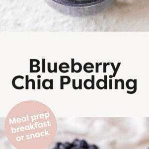 Two photos of a jar of Blueberry Chia Pudding topped with blueberries.