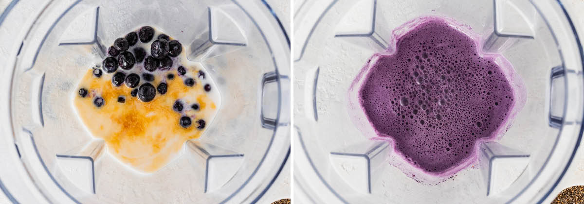 Blueberries, vanilla and almond milk in a blender, before and after being blended.