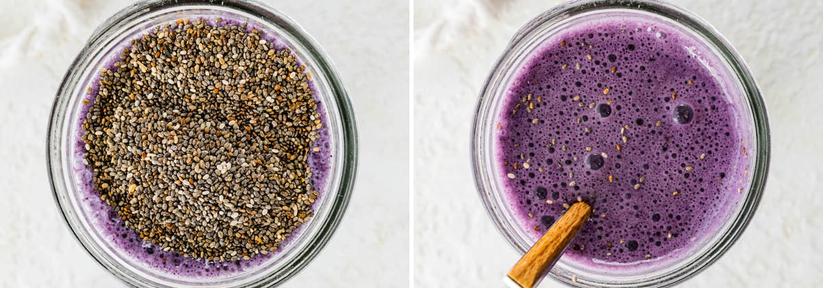 Chia seeds and blueberry milk mixture in a jar, before and after being mixed.