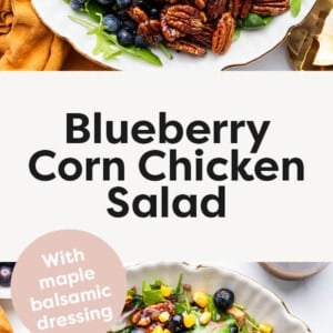 Two photos of a salad topped with pecans, blueberries, chopped grilled chicken, corn and maple balsamic dressing. One photo is of the ingredients on the salad, one photo is of the salad tossed.