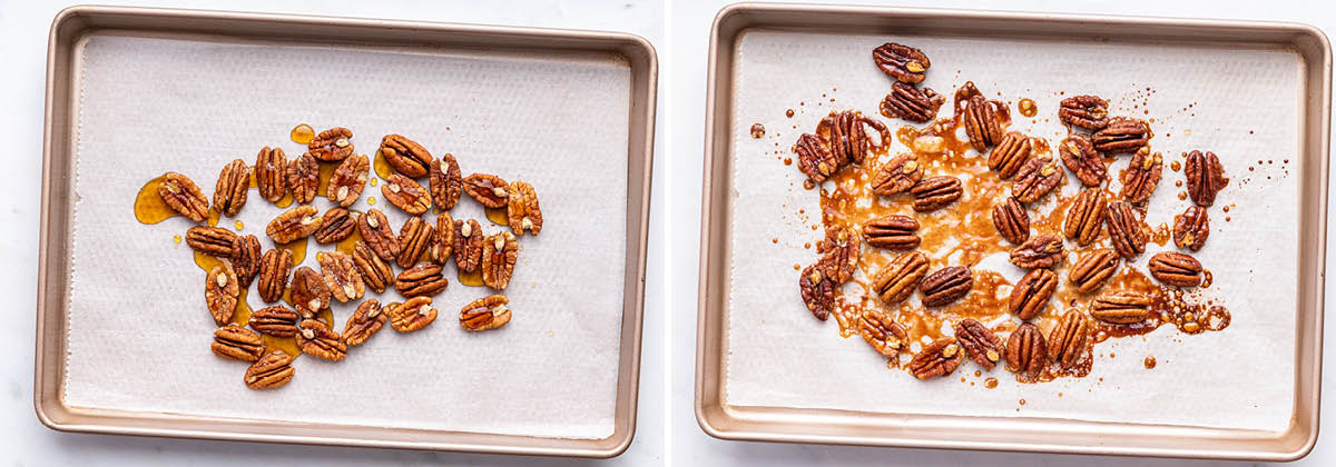 Photo showing pecans being toasted on a sheet pan with maple syrup.