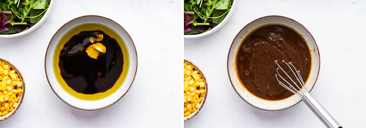 Two photos showing the ingredients to make a balsamic dressing in a bowl, before and after being whisked.