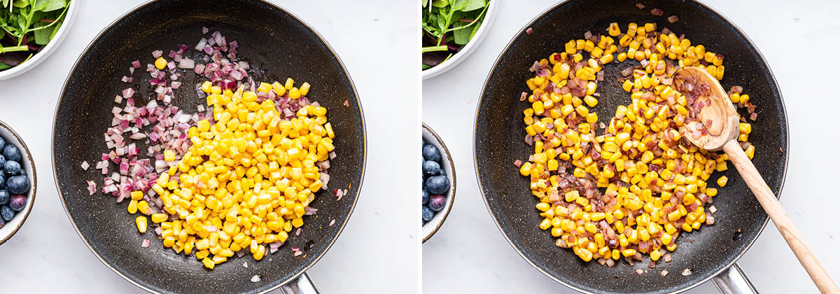 Side by side photos showing red onion and corn being cooked in a skillet.