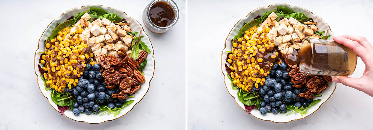 Side by side photos of a Blueberry Corn Chicken Salad being topped with balsamic dressing.