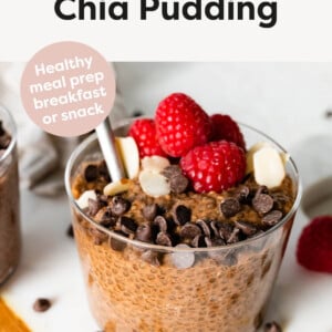 Chocolate Chia Pudding topped with chocolate chips, raspberries and almonds.
