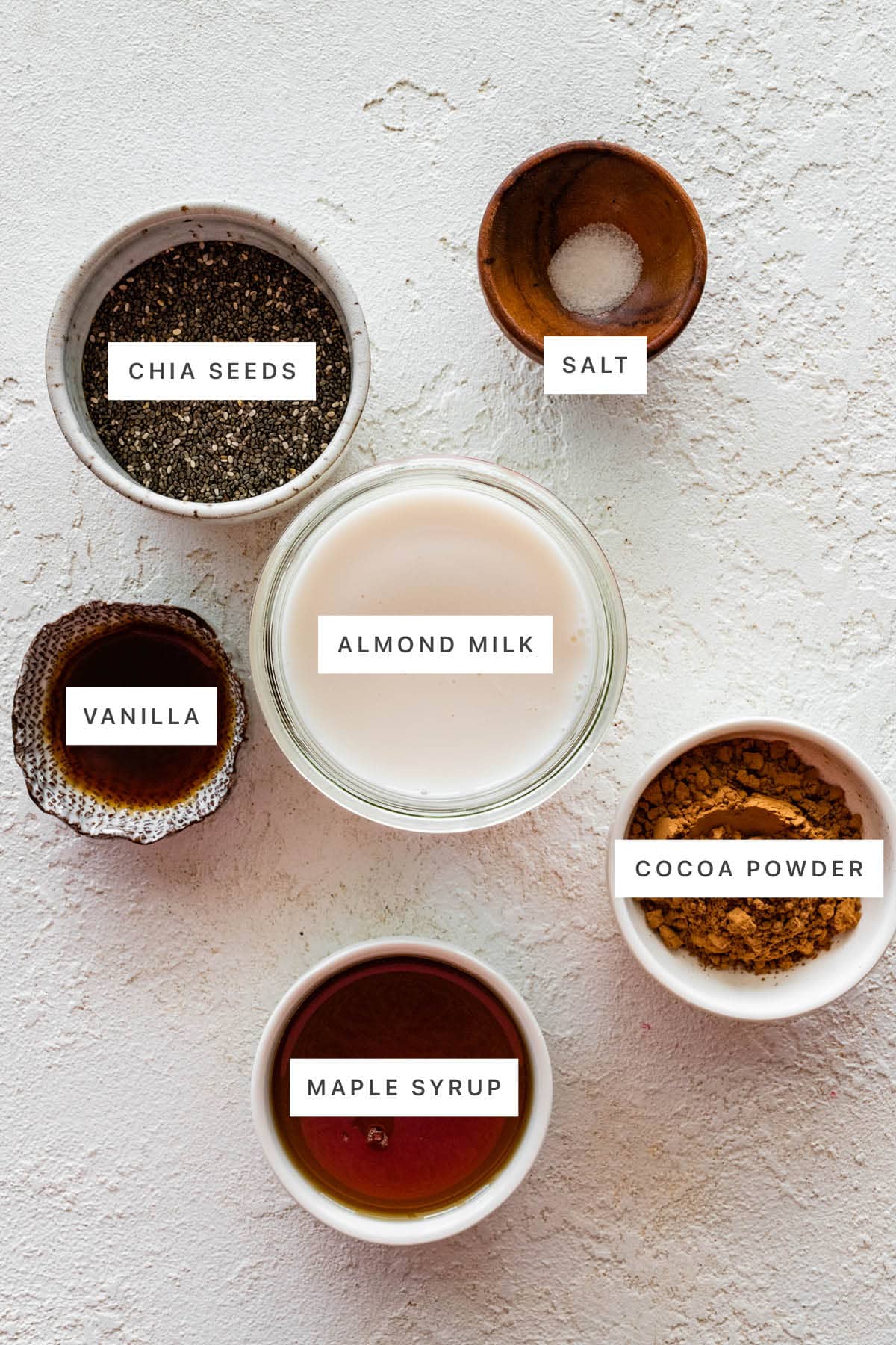 Ingredients measured out to make Chocolate Chia Pudding: chia seeds, salt, almond milk, vanilla, cocoa powder and maple syrup.