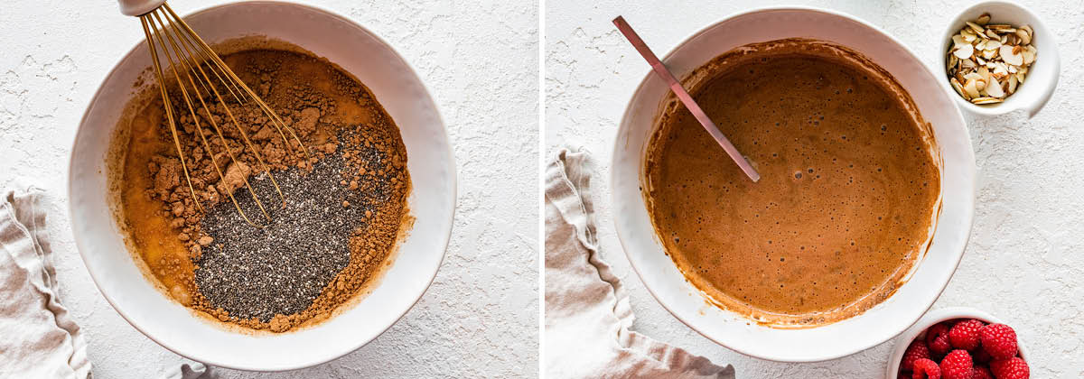 Side by side photos of ingredients to make Chocolate Chia Pudding in a bowl, before and after being whisked together.