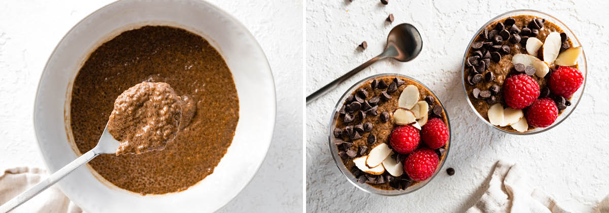 Photo of a spoon with Chocolate Chia Pudding from a bowl, and a photo of the chia pudding served in two jars and topped with chocolate chips, almonds and raspberries.