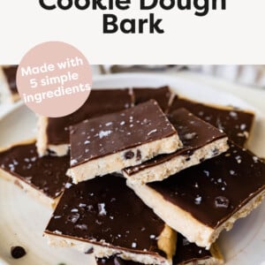 Protein Cookie Dough Bark on a plate, topped with sea salt.