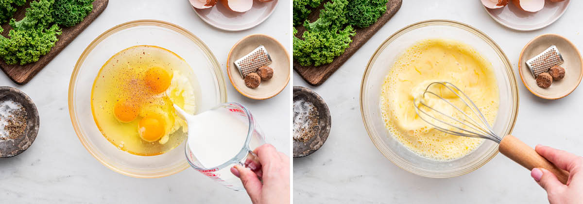 Side by side photos of eggs and milk being whisked together in a bowl.