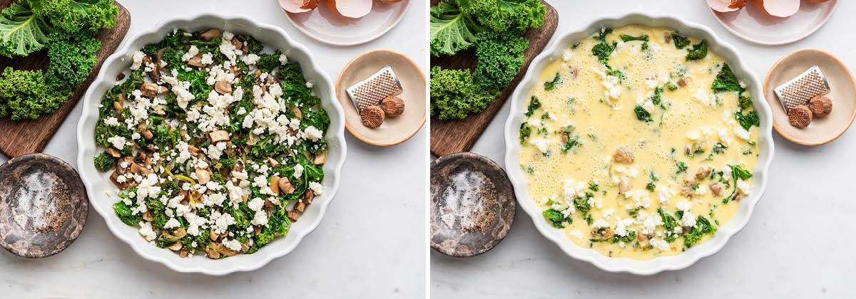 Side by side photos of veggies and feta in a pie plate, and a photo of egg mixture poured over the pie plate.