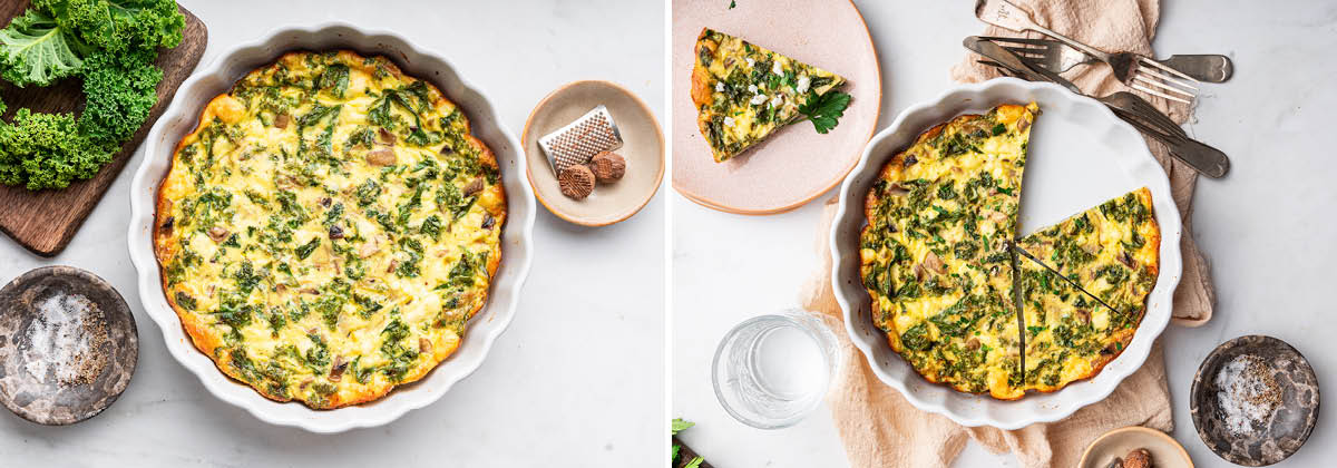 Side by side photos of a Kale and Feta Crustless Quiche, before and after being sliced.