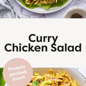 Curry Chicken Salad served on a bed of lettuce, and also a photo of the Curry Chicken Salad in a serving bowl with a fork.