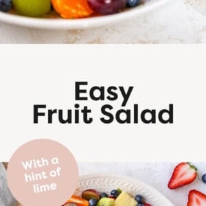 Two photos of a bowl of fruit salad with some lime zest.