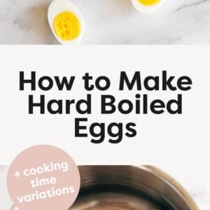 Five hard boiled eggs cut in half with different yolk doneness colors, and a photo of eggs and water in a pot.