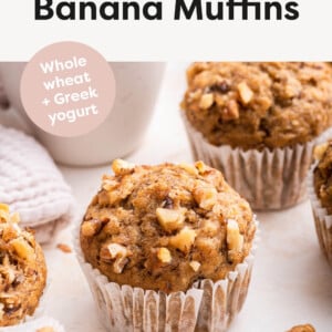 Healthy Banana Muffins topped with walnuts.
