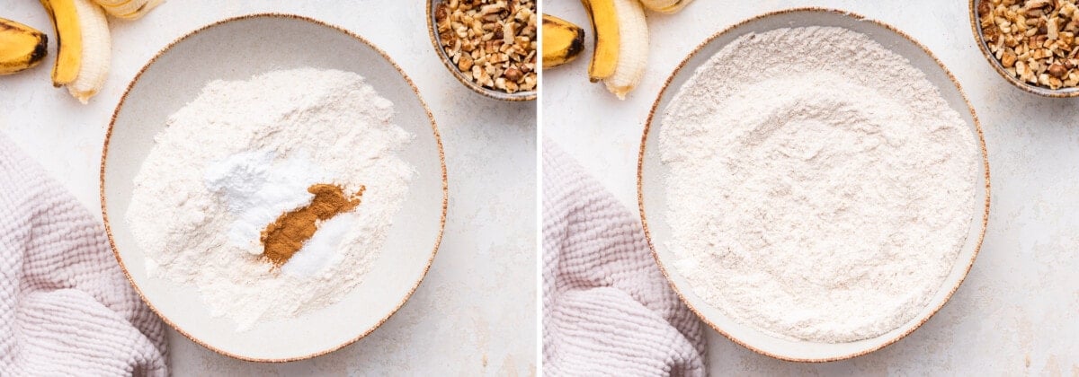 Side by side photos showing the dry ingredients being mixed together for Healthy Banana Muffins.
