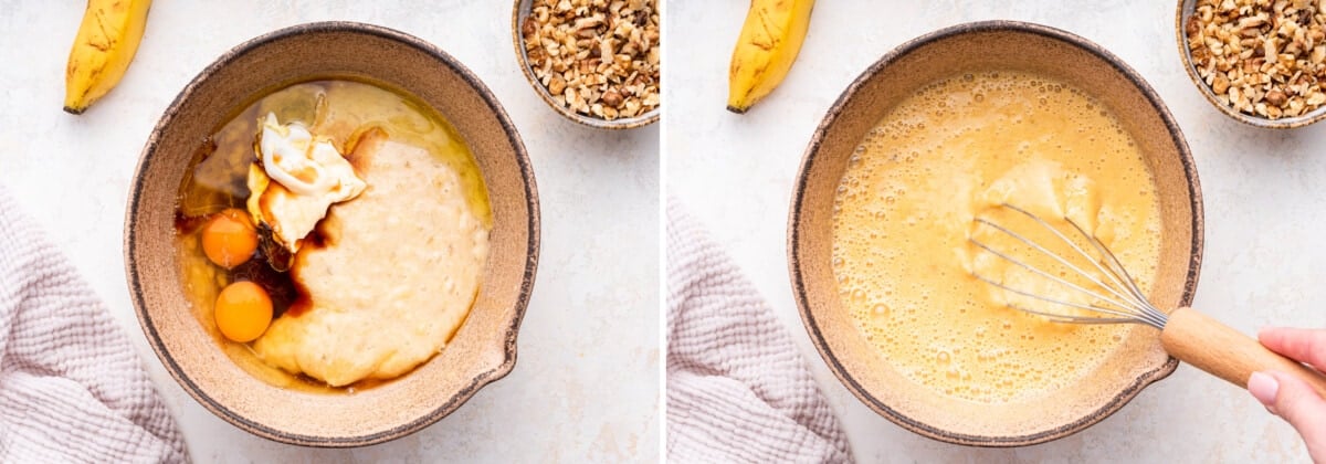 Side by side photos showing the wet ingredients being mixed together for Healthy Banana Muffins.