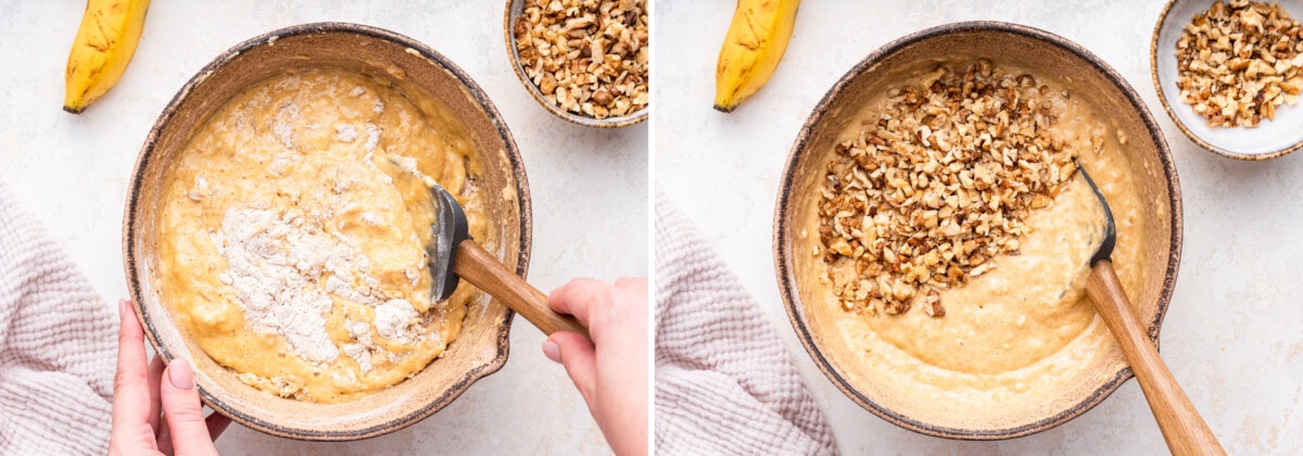 Side by side photos showing the batter and walnuts being mixed together for Healthy Banana Muffins.