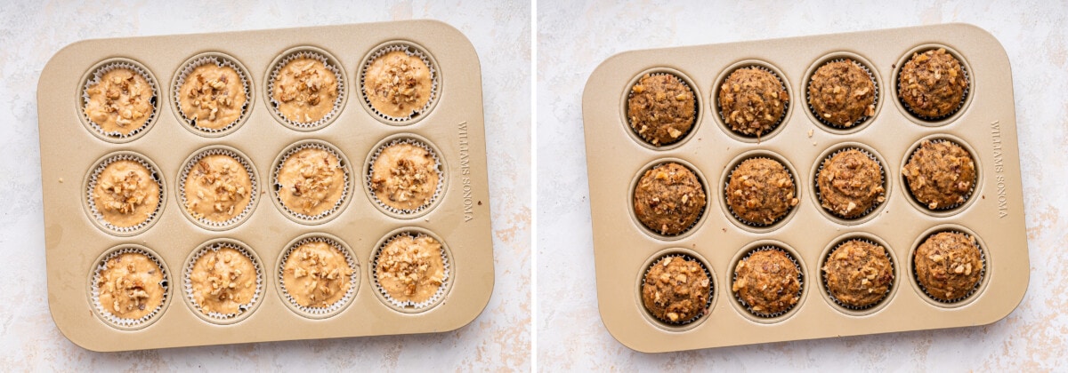 Side by side photos of a muffin tin with banana muffins, before and after being baked.